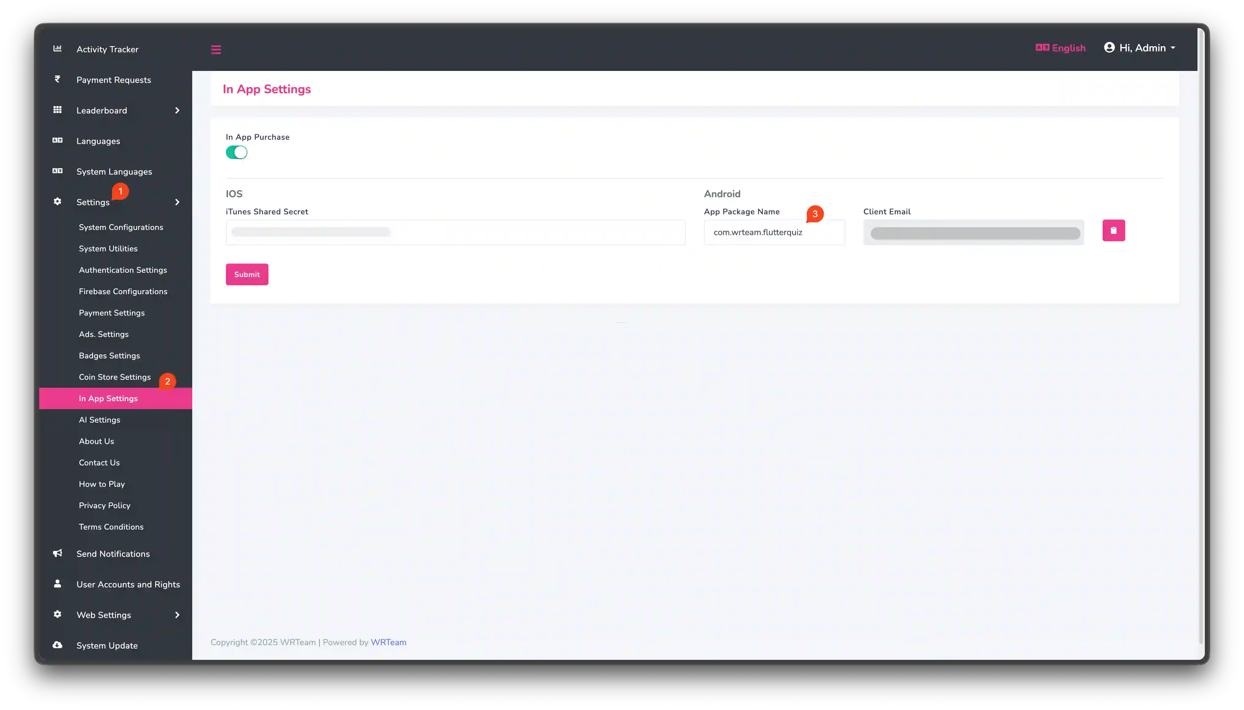 Add Android Package name in In-App Settings