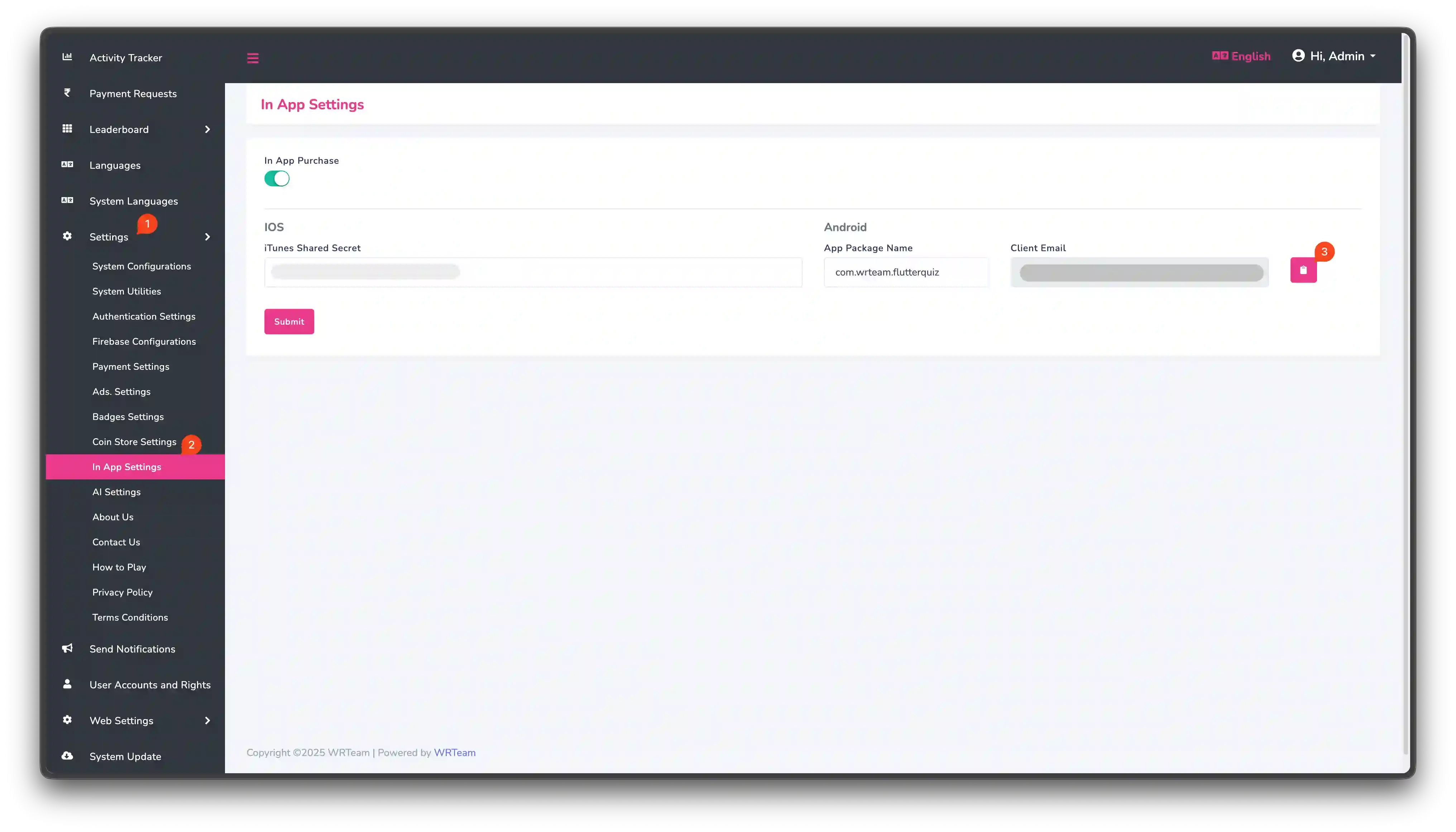 Copy Client email from In-App Settings