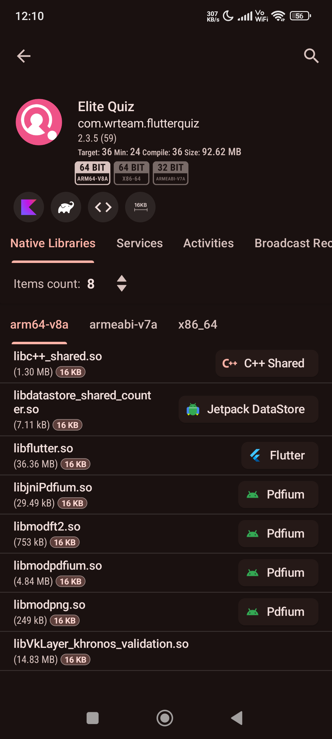 LibChecker indicating 16 KB for Elite Quiz App