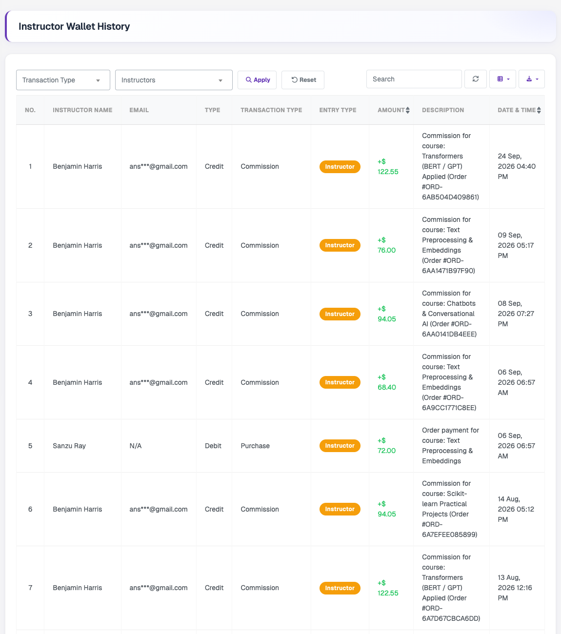 Instructor Wallet History