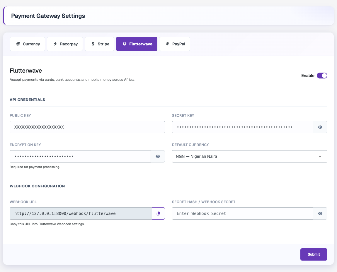Flutterwave Settings