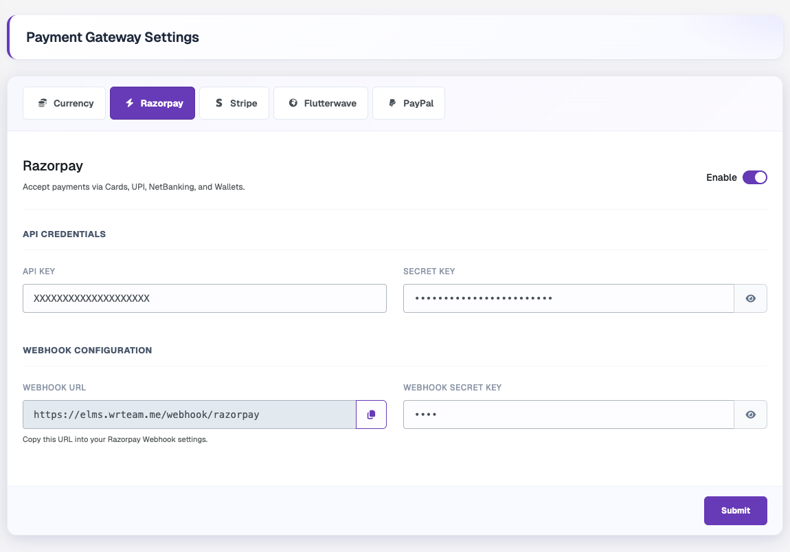 Razorpay Settings