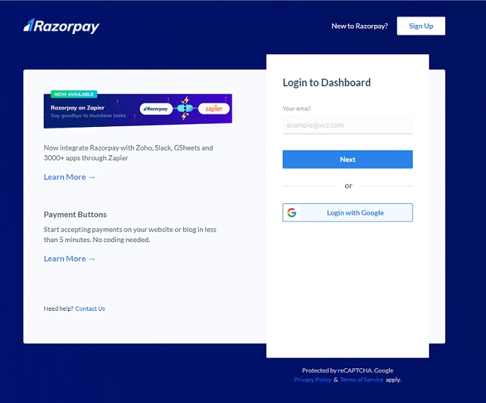 Razorpay - Step 1: Log in to the dashboard
