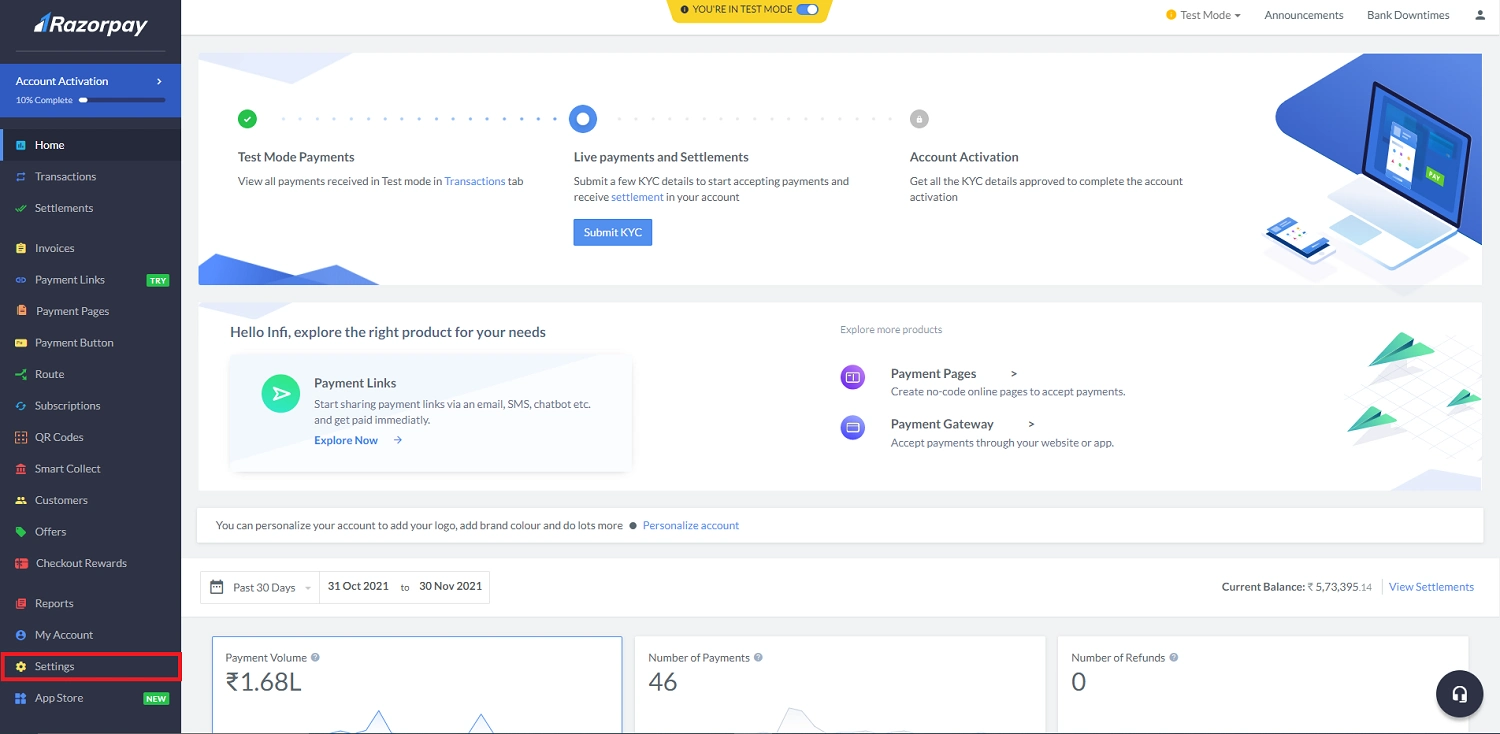Razorpay - Step 2: Click Settings