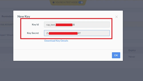 Razorpay - Step 4: Generate and copy the Key ID and Secret