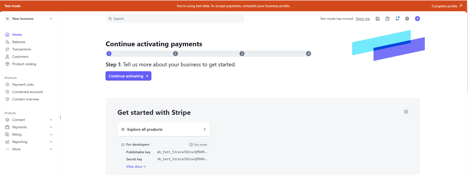 Stripe Dashboard - Publishable and Secret keys