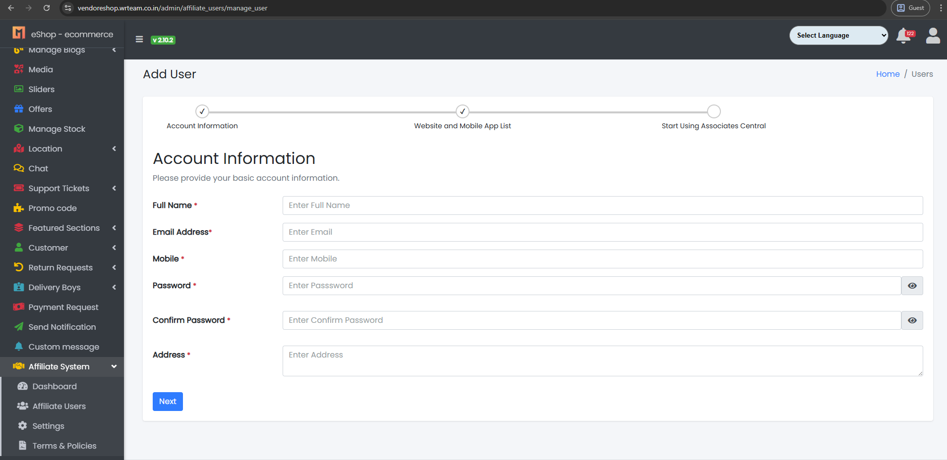 Add Affiliate User Form