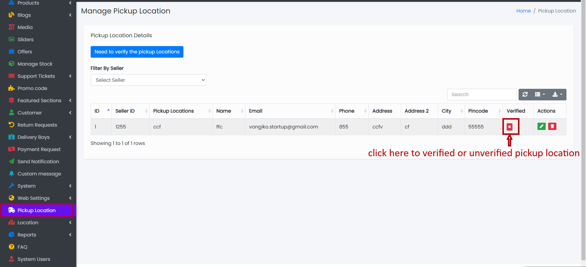 Admin Pickup Location Verification