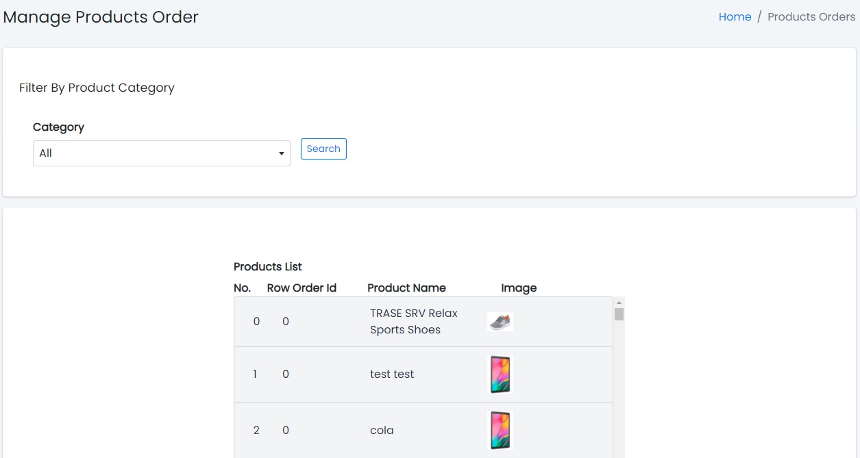 Products Order Panel