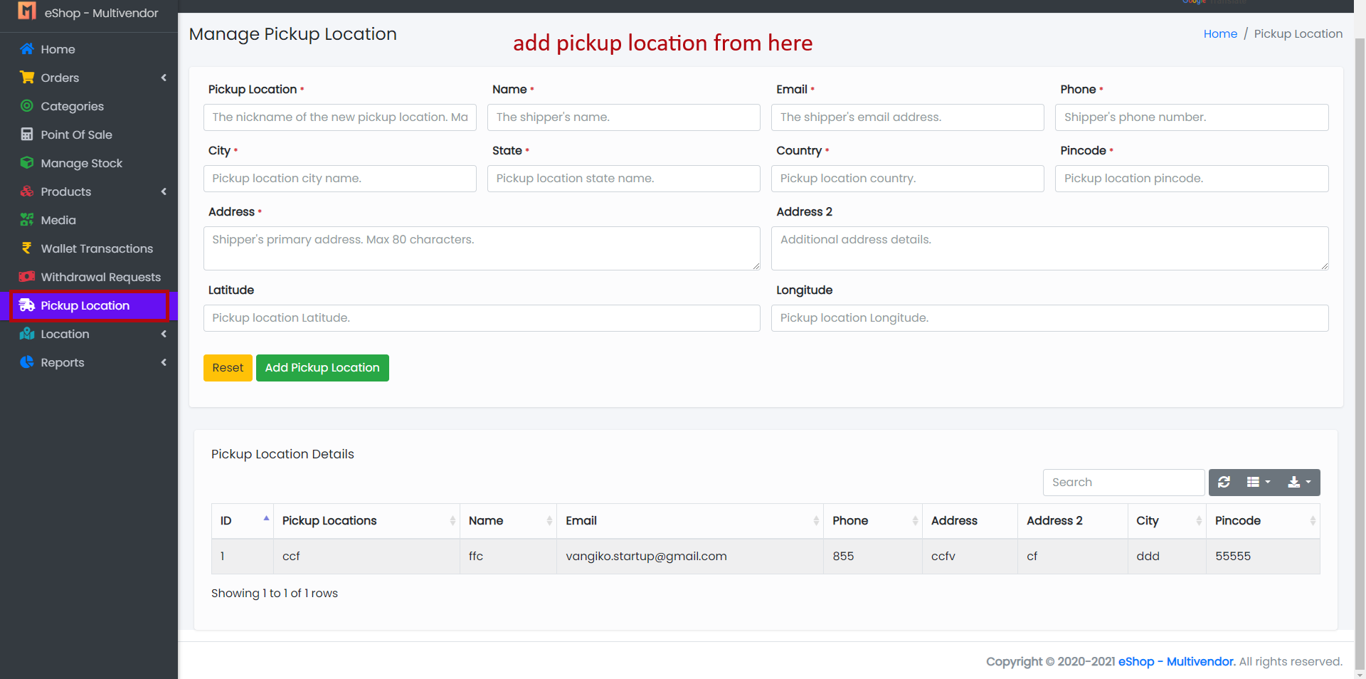 Seller Pickup Location