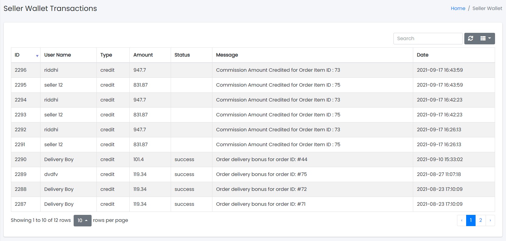 Seller Wallet Transactions