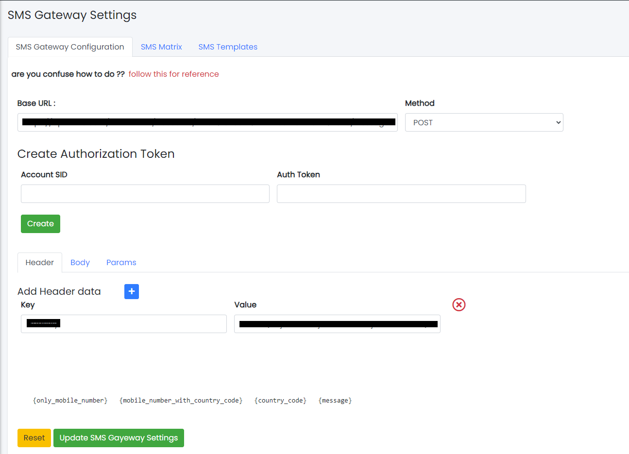 SMS Gateway Settings