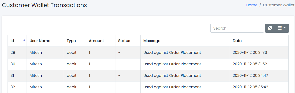 Customer Wallet Transaction