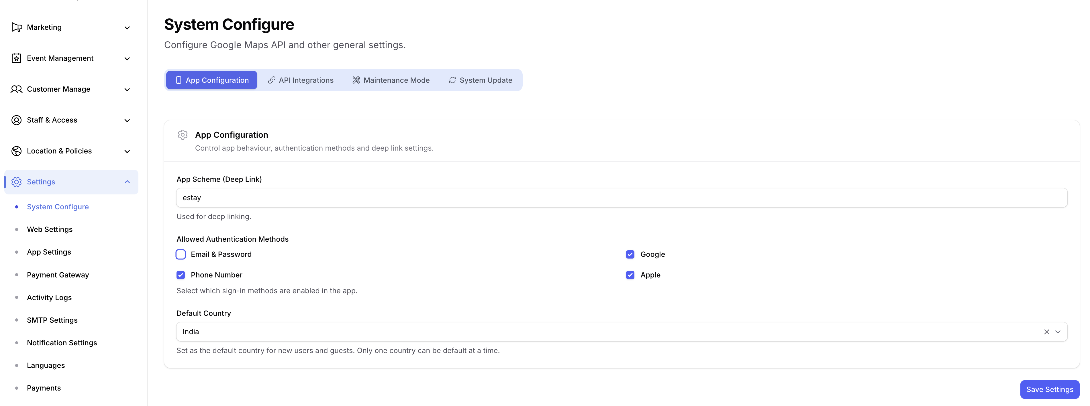 System Configure Page