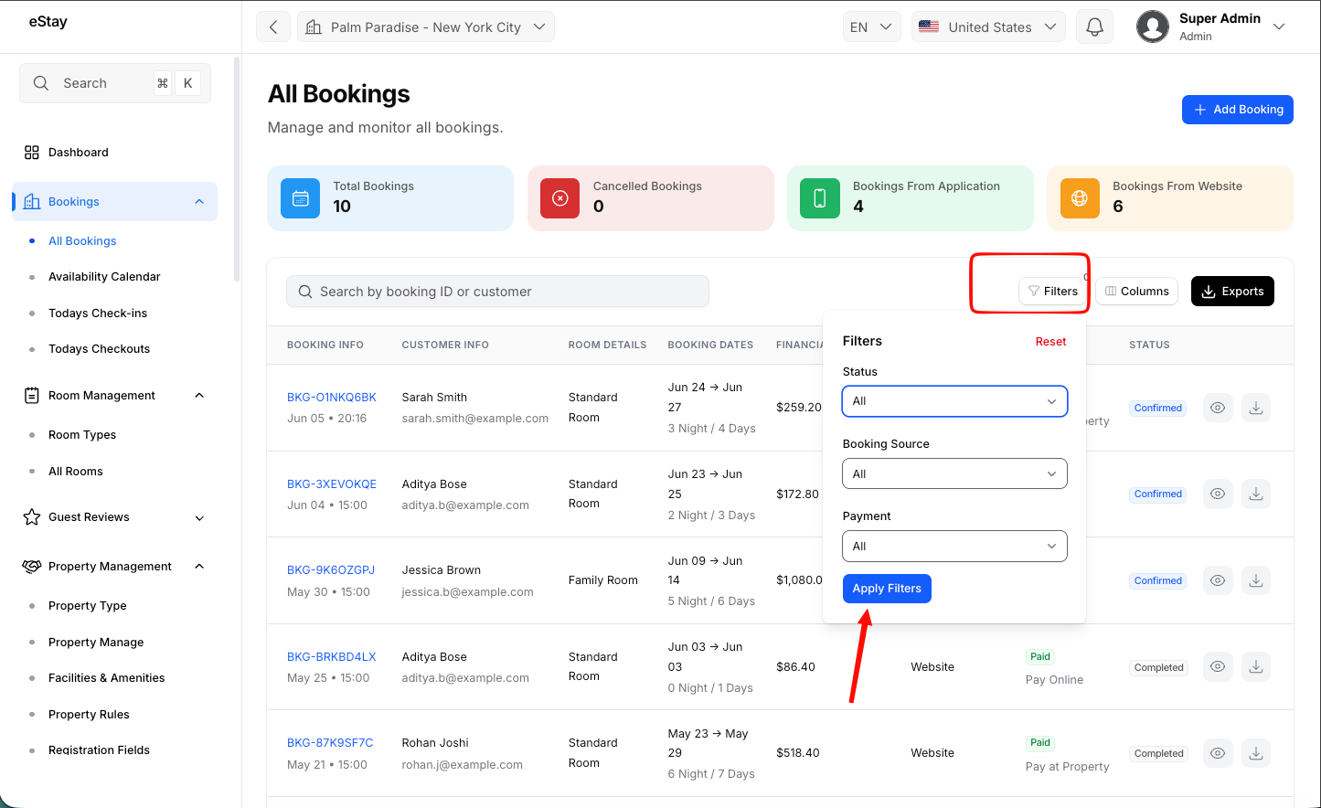 Booking Filters