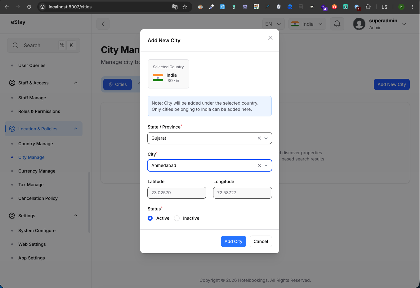 Add New City Modal