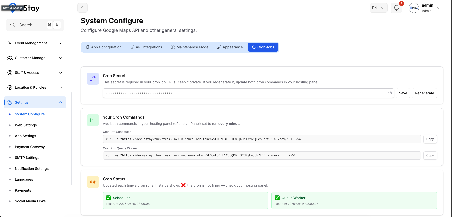 Cron Jobs Settings