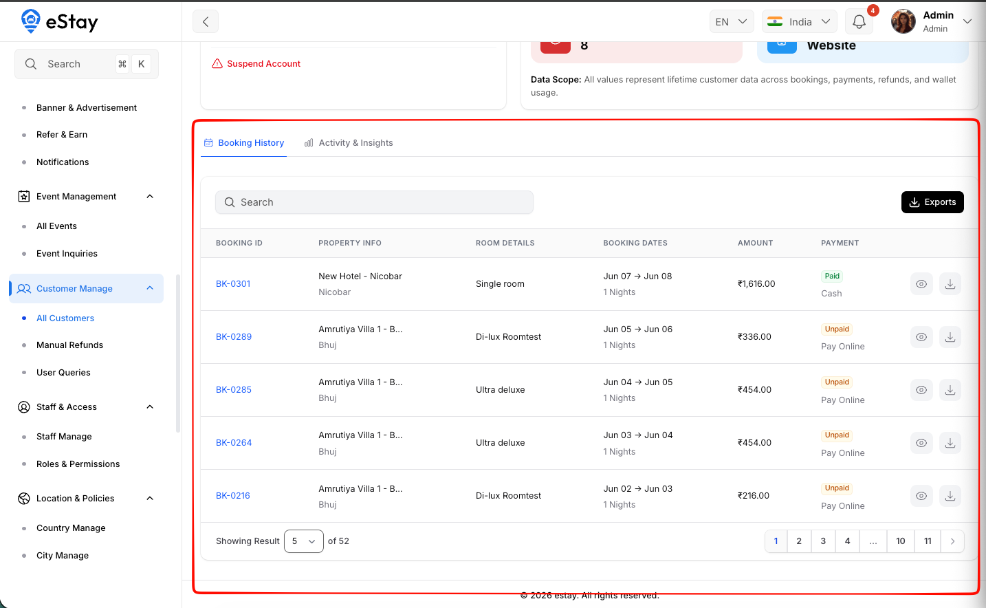 Customer Booking History