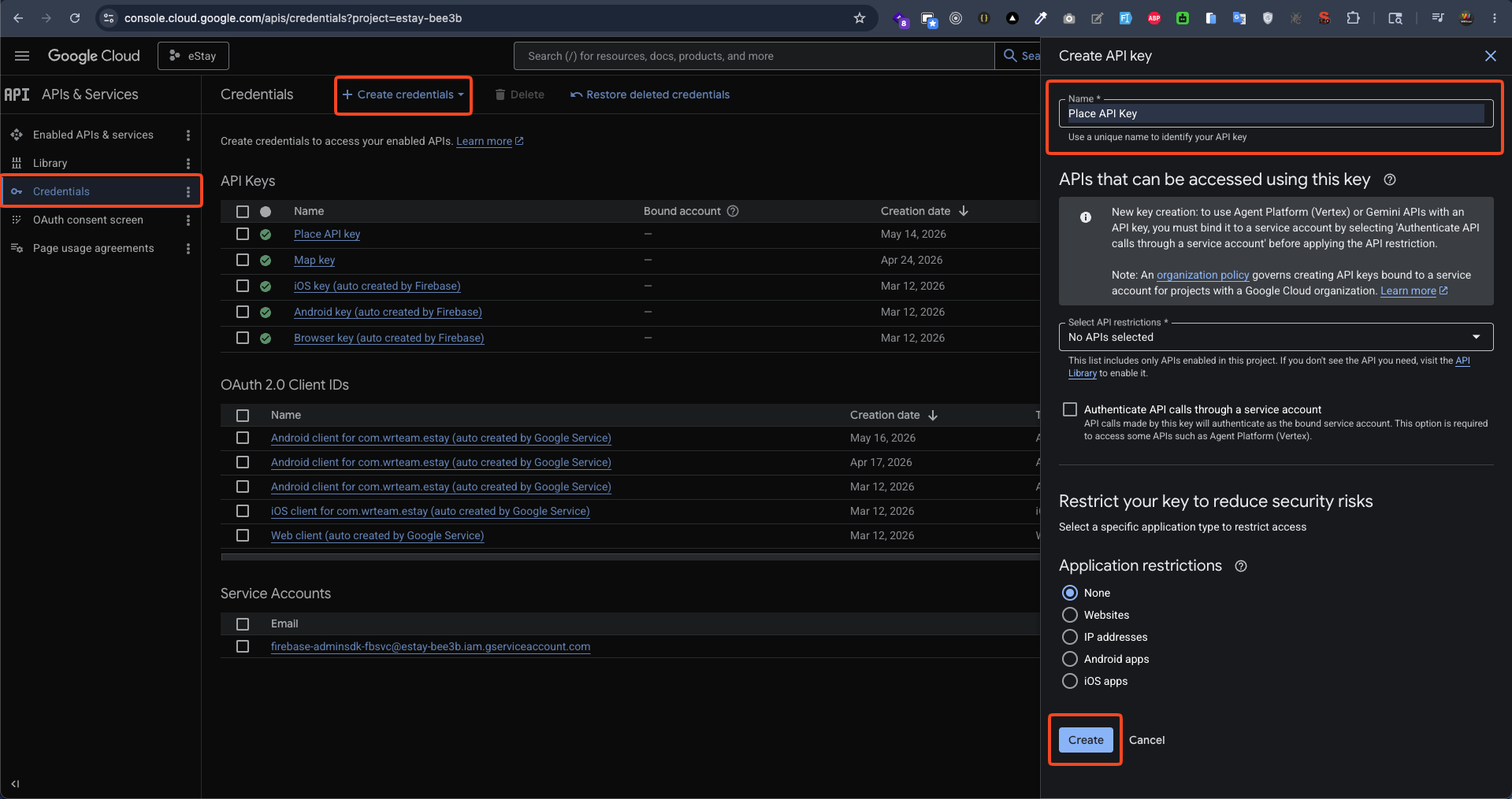 Create Place API Key