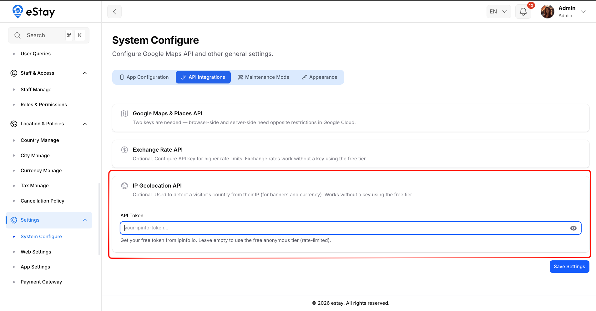 IP Geolocation API Settings