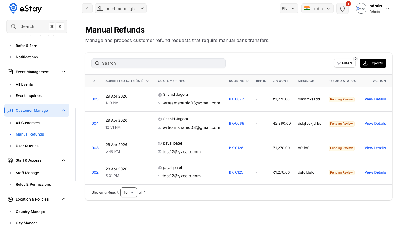 Manual Refunds List