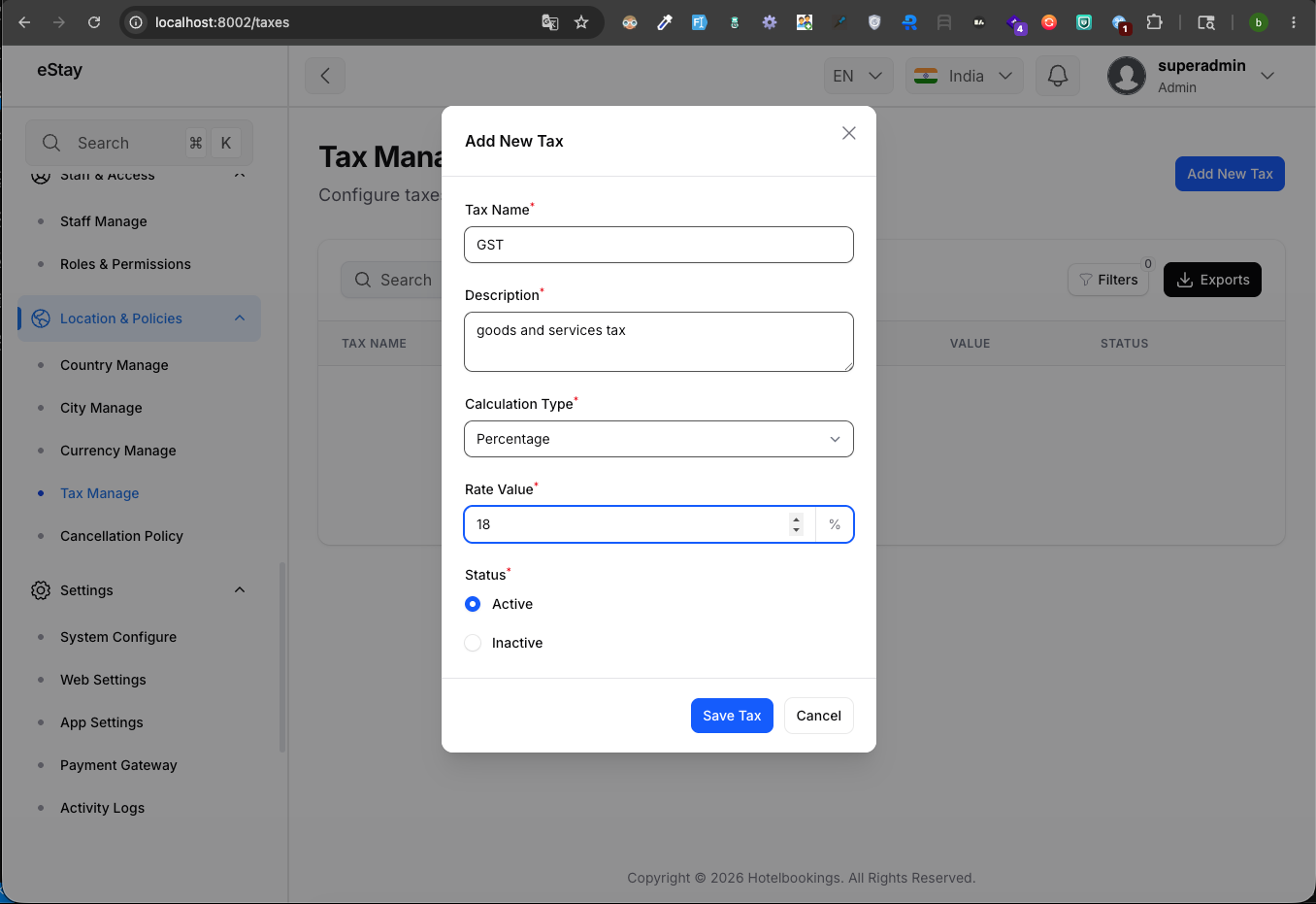 Add New Tax Modal
