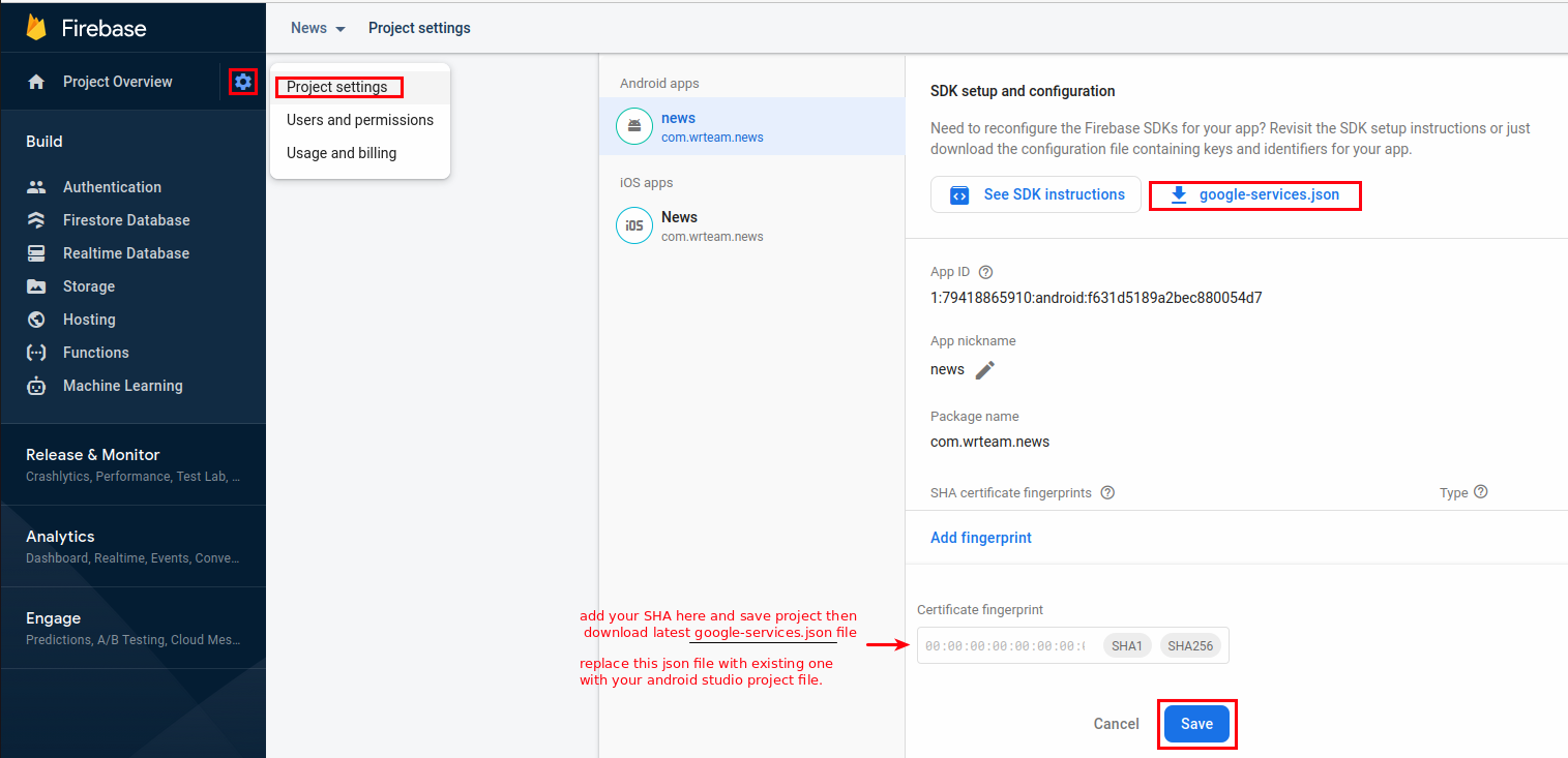 Add SHA1 to Firebase