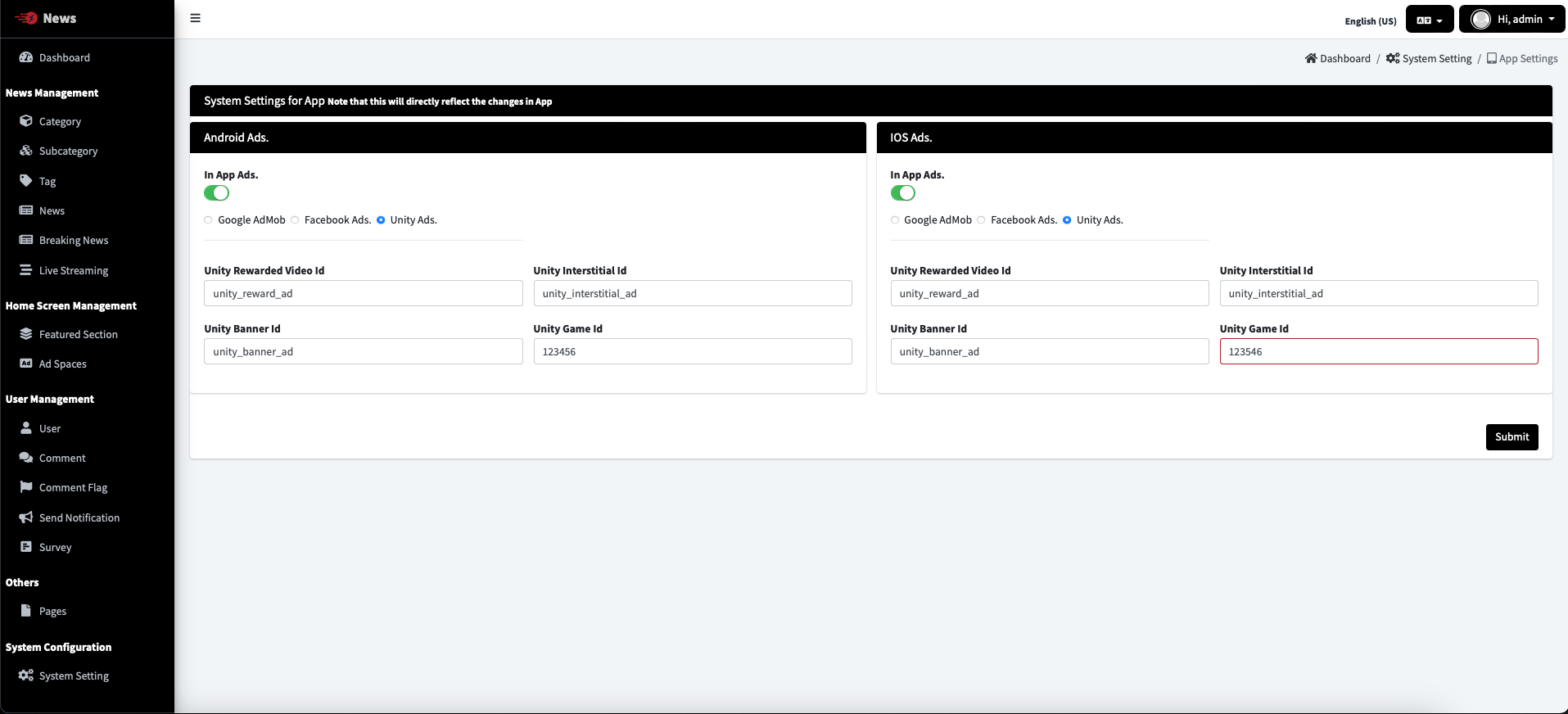 Unity Ads Admin Panel