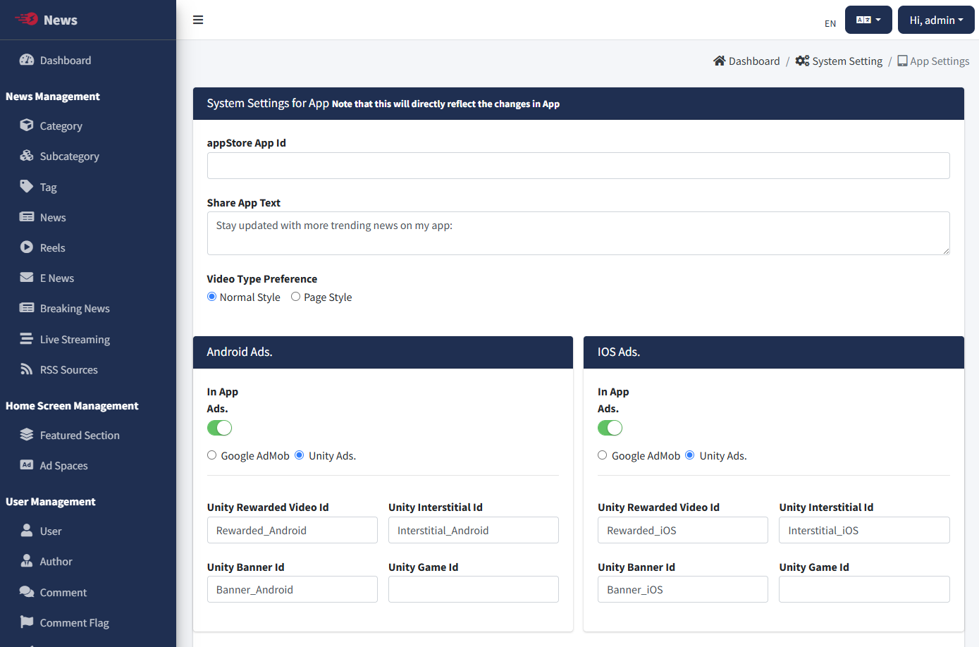 Unity Ads Admin Panel